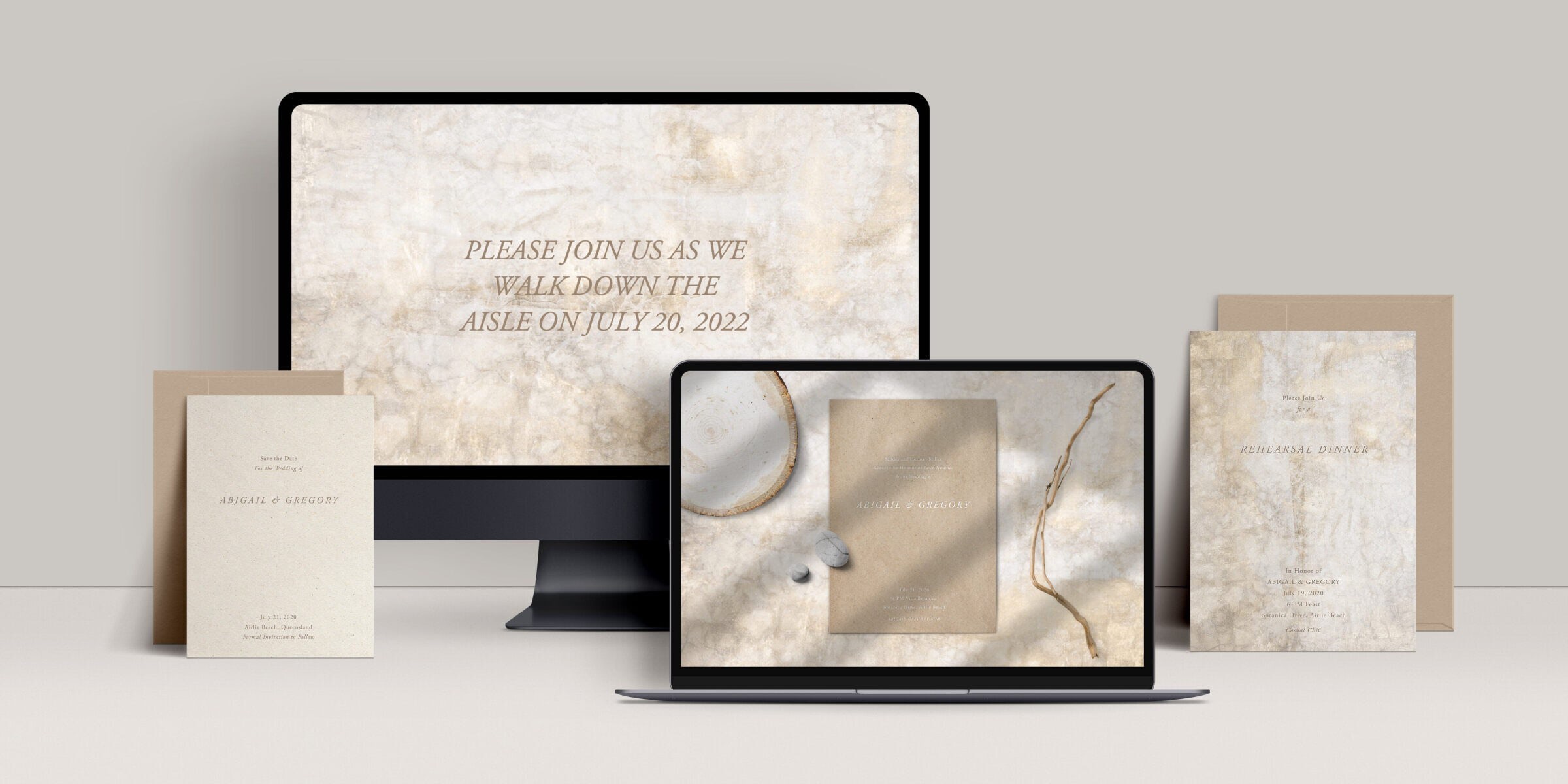Neutral-toned wedding website and stationery suite displayed across desktop and laptop screens, featuring soft marble-inspired textures, elegant typography, and coordinated save the date, rehearsal dinner, and invitation designs.